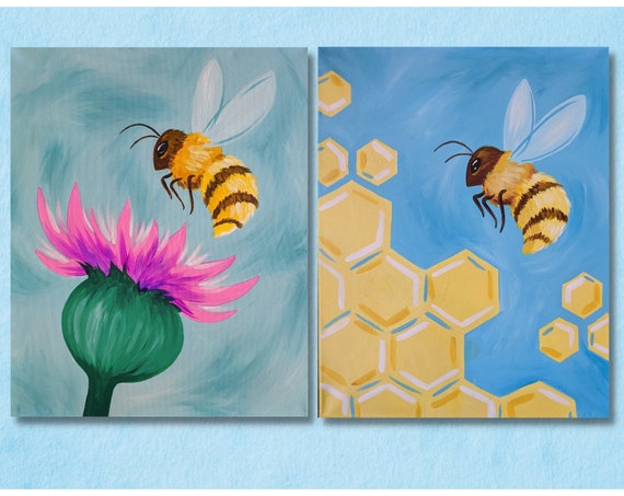 Honey Bee With Flower or Honeycomb Canvas Painting Kit Video Tutorial, FREE  Palettes & Aprons With Orders of 10, DIY Paint Kit 