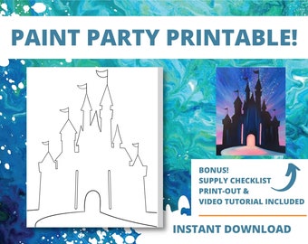 DYI Paint Party Canvas Outline & Painting Video Tutorial - Castle - printable - sip and paint