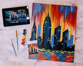 Cityscape Canvas Painting Kit + Video Tutorial, FREE Palettes & Aprons with Orders of 10+!, Painting Party Kit, DIY Paint Kit