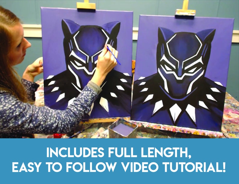 May include: Two canvases with a black and white painting of Black Panther's face. A person is painting on one of the canvases. The text on the bottom of the image reads "Includes full length, easy to follow video tutorial!"