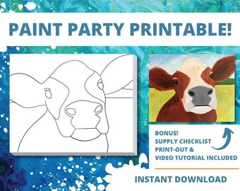 DYI Paint Party Canvas Outline & Painting Video Tutorial - Cow - printable - sip and paint