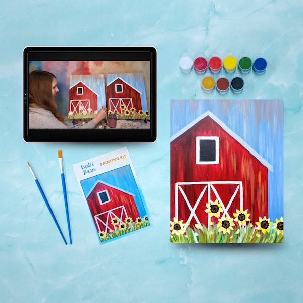 Rustic Barn Canvas Painting Kit + Video Tutorial, FREE Palettes & Aprons with Orders of 10+!, Painting Party Kit, DIY Paint Kit