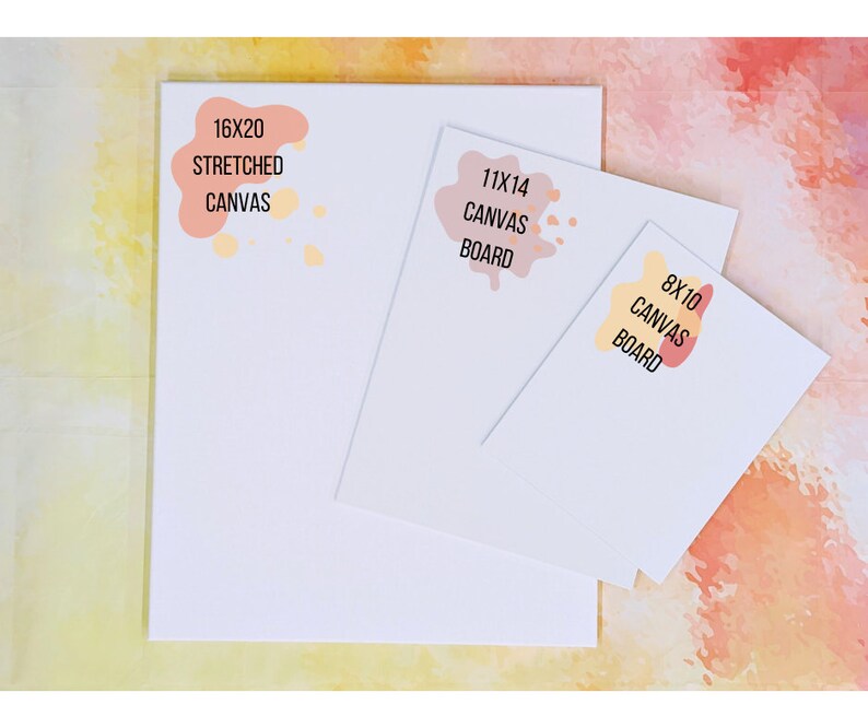 May include: Three different sizes of stretched canvas and canvas board. The largest is a 16x20 stretched canvas, the middle is an 11x14 canvas board, and the smallest is an 8x10 canvas board.