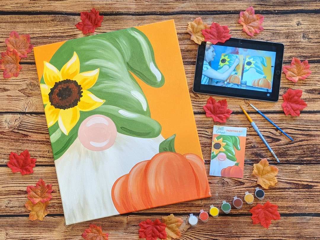 DYI Paint Party Canvas Outline & Painting Video Tutorial Fall Gnome  Printable Sip and Paint 