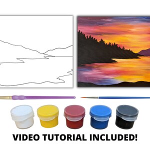 May include: Paint by numbers kit featuring a sunset over a lake with a mountain range in the background. The kit includes a canvas with a pre-printed outline, five paint pots, and two paintbrushes.  VIDEO TUTORIAL INCLUDED!