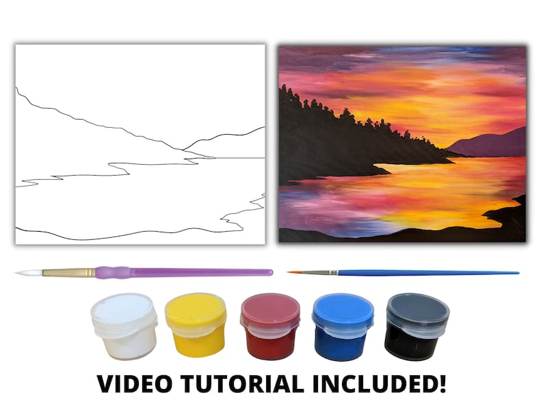 May include: Paint by numbers kit featuring a sunset over a lake with a mountain range in the background. The kit includes a canvas with a pre-printed outline, five paint pots, and two paintbrushes.  VIDEO TUTORIAL INCLUDED!