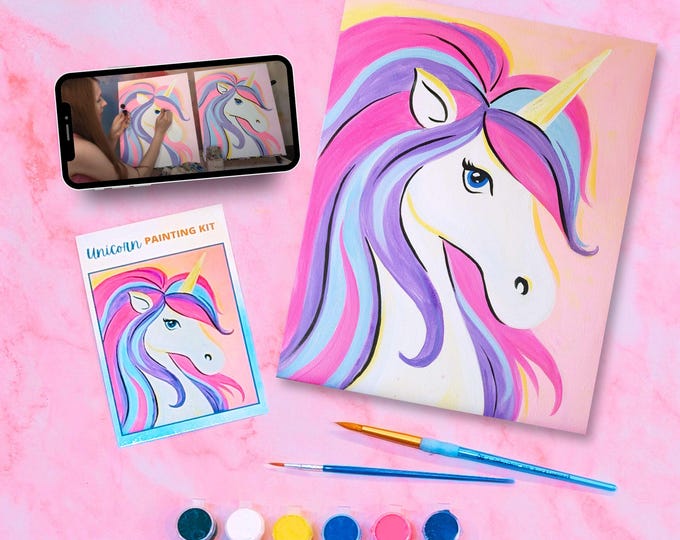 Unicorn Canvas Painting Kit + Video Tutorial, Painting Party Kit, DIY Paint Kit