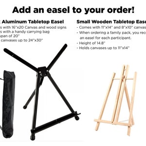 May include: Two tabletop easels, one black aluminum and one wooden. The black easel is adjustable and comes with a carrying bag. The wooden easel is 14.8 inches tall and holds canvases up to 11 inches by 14 inches.  Add an easel to your order!
