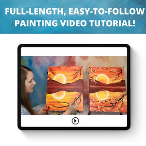 May include: A woman demonstrates how to paint a sunset landscape with trees on two canvases. The video tutorial is titled "FULL-LENGTH, EASY-TO-FOLLOW PAINTING VIDEO TUTORIAL!"