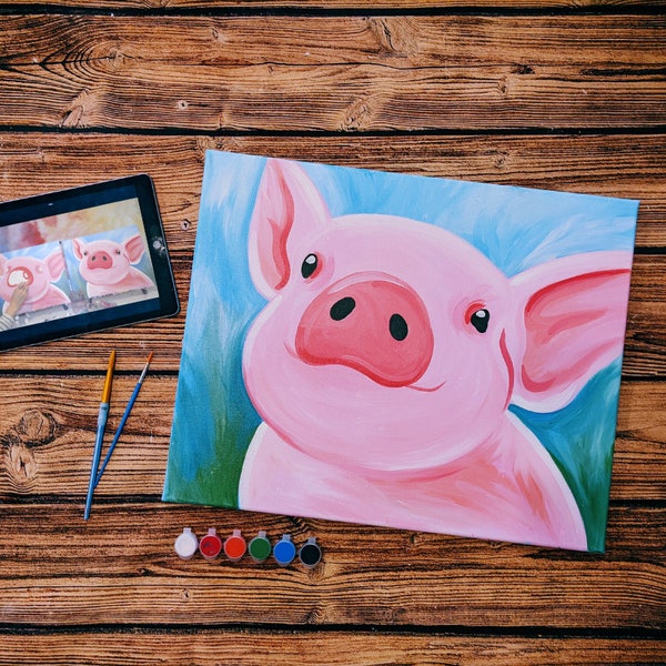 Pig Canvas Painting Kit + Video Tutorial, FREE Palettes & Aprons with Orders of 10+!, Painting Party Kit, DIY Paint Kit