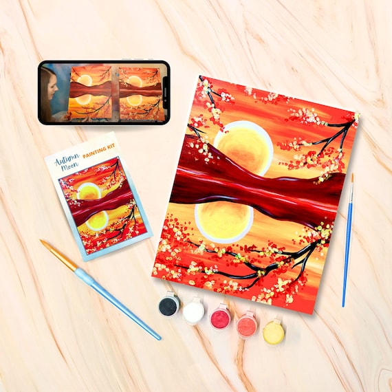 Autumn Moon Canvas Painting Kit + Video Tutorial, Painting Party Kit, DIY Paint Kit
