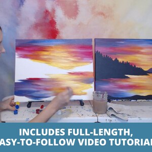 May include: Two sunset paintings on canvases with a woman painting on one of them. The paintings feature a colorful sunset sky with a reflection in the water below. The text "INCLUDES FULL-LENGTH, EASY-TO-FOLLOW VIDEO TUTORIAL!" is at the bottom of the image.