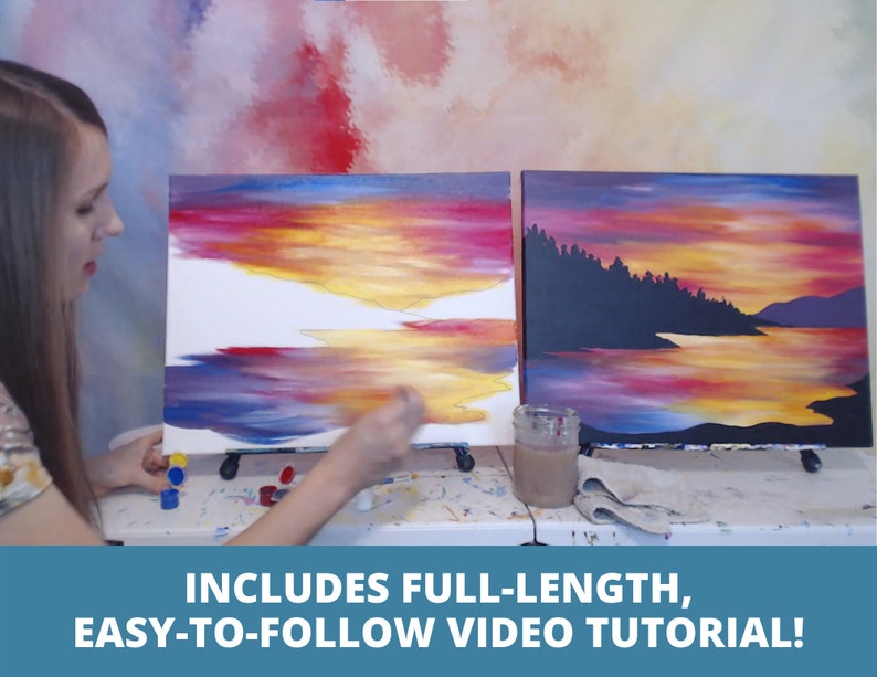 May include: Two sunset paintings on canvases with a woman painting on one of them. The paintings feature a colorful sunset sky with a reflection in the water below. The text "INCLUDES FULL-LENGTH, EASY-TO-FOLLOW VIDEO TUTORIAL!" is at the bottom of the image.