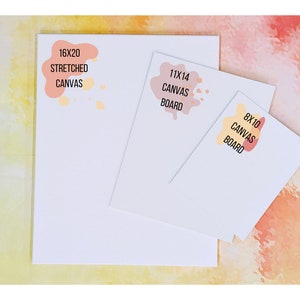 May include: Three different sizes of stretched canvas and canvas board. The largest is 16x20 stretched canvas, the middle is 11x14 canvas board, and the smallest is 8x10 canvas board.