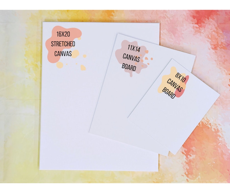 May include: Three different sizes of stretched canvas and canvas board. The largest is 16x20 stretched canvas, the middle is 11x14 canvas board, and the smallest is 8x10 canvas board.