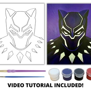May include: Black Panther paint by numbers kit with a line drawing of Black Panther on the left and a completed painting on the right. The kit includes four paint pots: white, blue, gray, and red. The text "VIDEO TUTORIAL INCLUDED!" is at the bottom of the image.