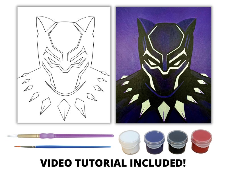 May include: Black Panther paint by numbers kit with a line drawing of Black Panther on the left and a completed painting on the right. The kit includes four paint pots: white, blue, gray, and red. The text "VIDEO TUTORIAL INCLUDED!" is at the bottom of the image.