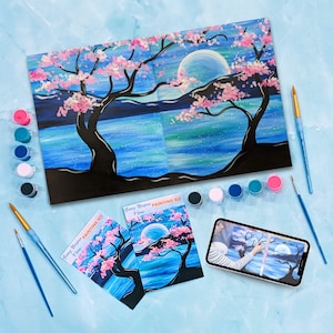 Painting for Two - Couple&#39;s Cherry Blossom Canvas Painting Kit + Video Tutorial, DIY Kit