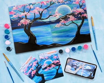 Painting for Two - Couple&#39;s Cherry Blossom Canvas Painting Kit + Video Tutorial, DIY Kit