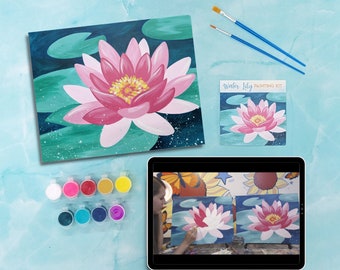Water Lily Canvas Painting Kit + Video Tutorial, FREE Palettes & Aprons with Orders of 10+!, Painting Party Kit, DIY Paint Kit