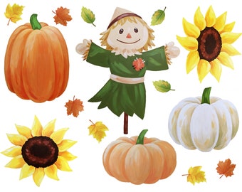 Fall Scarecrow, Pumpkins & Sunflowers Vinyl Window Stickers, Autumn Window Decoration, Restaurant and Shop Fall Decor