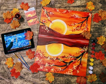 Autumn Moon Canvas Painting Kit + Video Tutorial, FREE Palettes & Aprons with Orders of 10+!, Painting Party Kit, DIY Paint Kit