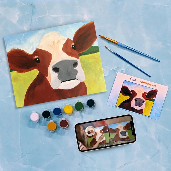 Cow Canvas Painting Kit + Video Tutorial, Painting Party Kit, DIY Paint Kit
