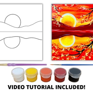 May include: A paint-by-numbers kit featuring a sunset landscape with a tree and a reflection in the water. The kit includes five paint pots, a brush, and a canvas with a pre-printed outline. The paint colors are white, yellow, orange, red, and black.  VIDEO TUTORIAL INCLUDED!