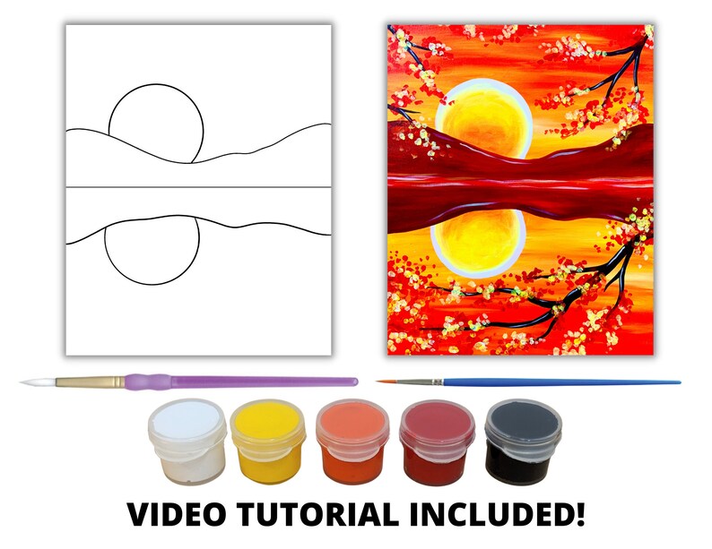 May include: A paint-by-numbers kit featuring a sunset landscape with a tree and a reflection in the water. The kit includes five paint pots, a brush, and a canvas with a pre-printed outline. The paint colors are white, yellow, orange, red, and black.  VIDEO TUTORIAL INCLUDED!