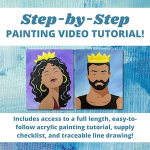 Op de afbeelding: Stap-voor-stap schilderen video tutorial met een koning en koningin met kronen. Inclusief toegang tot een volledige tutorial, een checklist met benodigdheden en een traceerbare lijntekening.