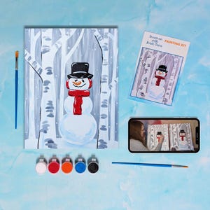 Snowman with Birch Trees Canvas Painting Kit + Video Tutorial, Painting Party Kit, DIY Paint Kit