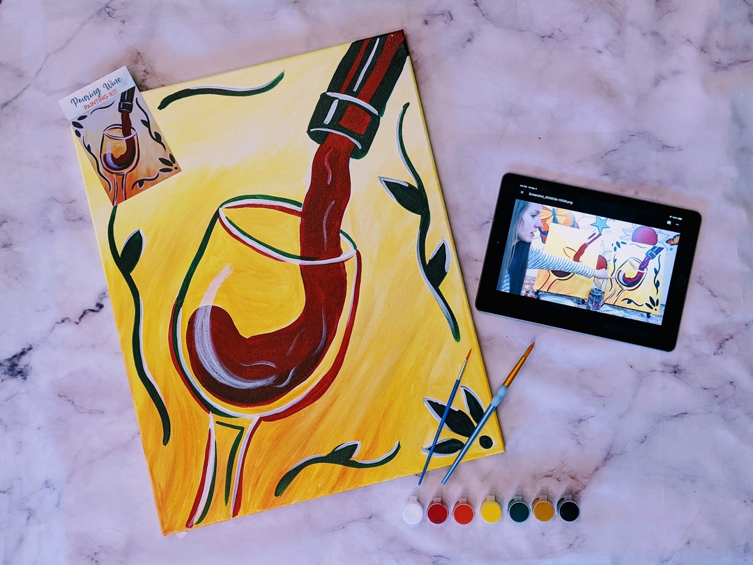 Pouring Wine Canvas Painting Kit Video Tutorial, FREE Palettes & Aprons