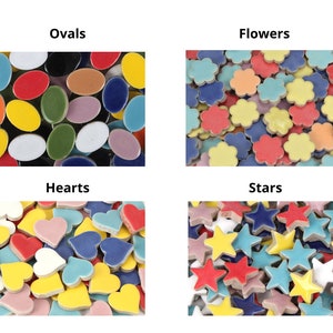 May include: Assortment of colorful ceramic tiles in various shapes, including ovals, flowers, hearts, and stars. The tiles are perfect for crafting and mosaic projects.