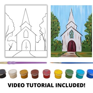 Rustic Church Canvas Painting Kit Video Tutorial, FREE Palettes & Aprons with Orders of 10, Painting Party Kit, DIY Paint Kit image 2