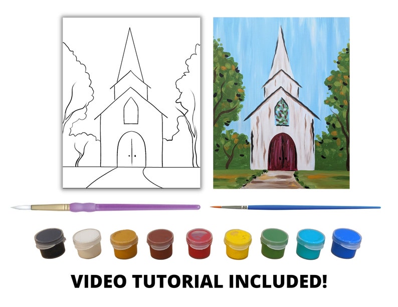 Rustic Church Canvas Painting Kit Video Tutorial, FREE Palettes & Aprons with Orders of 10, Painting Party Kit, DIY Paint Kit image 2