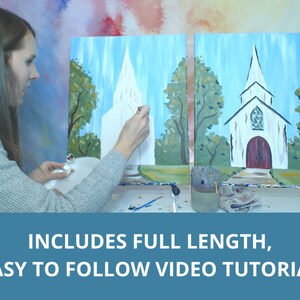 Rustic Church Canvas Painting Kit Video Tutorial, FREE Palettes & Aprons with Orders of 10, Painting Party Kit, DIY Paint Kit image 5