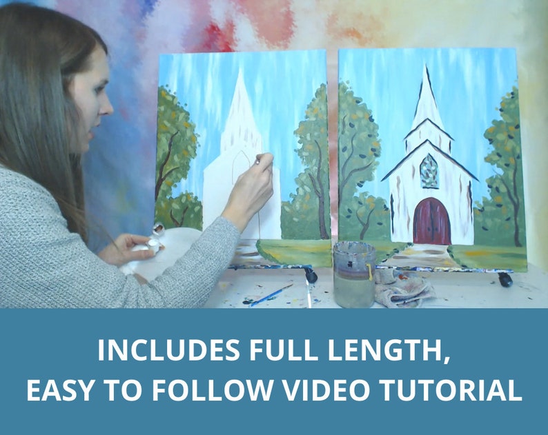 Rustic Church Canvas Painting Kit Video Tutorial, FREE Palettes & Aprons with Orders of 10, Painting Party Kit, DIY Paint Kit image 5