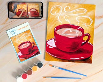 Coffee Cup Canvas Painting Kit + Video Tutorial, Painting Party Kit, DIY Paint Kit