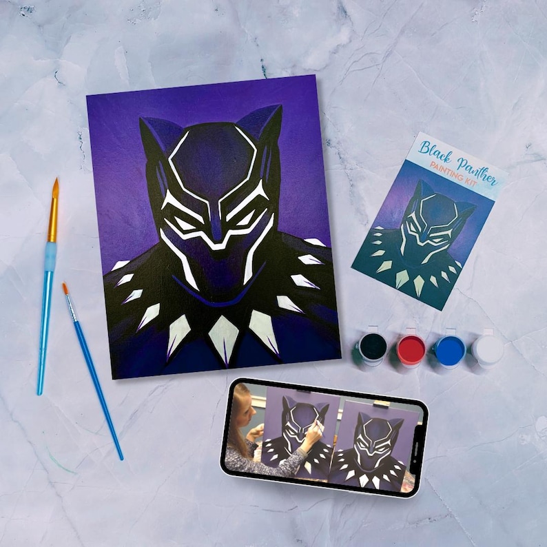May include: Black Panther paint by numbers kit with a purple canvas, a close-up of the finished painting, and a photo of a person painting. The kit includes four paint pots, two paintbrushes, and a Black Panther painting kit instruction card.