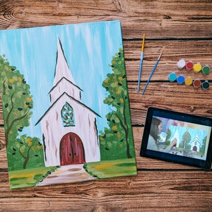Rustic Church Canvas Painting Kit Video Tutorial, FREE Palettes & Aprons with Orders of 10, Painting Party Kit, DIY Paint Kit image 1