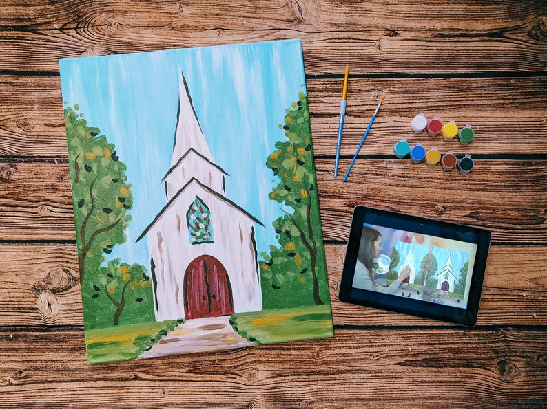 Rustic Church Canvas Painting Kit Video Tutorial, FREE Palettes & Aprons with Orders of 10, Painting Party Kit, DIY Paint Kit image 1