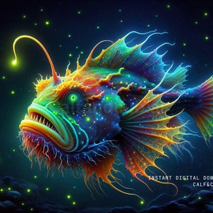 May include: A vibrant, colorful anglerfish with a glowing lure, set against a dark blue background with scattered green lights. The fish has a large, toothy mouth and intricate, feathery fins.