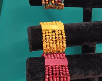 Vintage Colorful Bohemian style stretch Bracelets with wooden beads, Set of 3, New old stock, Boho, Hippie, Classic, Gift for Her