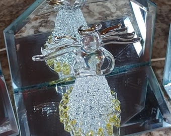 Spun Glass Angel Figurine with gold toned accents, clear blown glass angel with a mirror background, Boho,Shabby Chic, Classic, Gift for Her