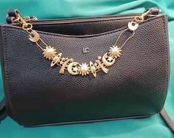 Celestial Purse Charm, Gold Toned Sun, Moon, Stars, Gold Bag Accessory, Boho accessory, gift for her