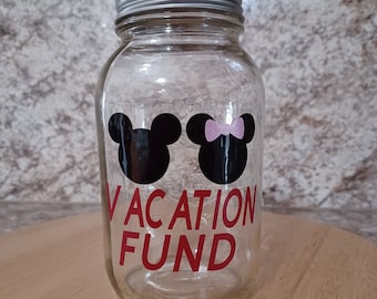 Personalized Disney Vacation Fund Banks, Mason Jar Bank, Change Storage, Fund Jar, Piggy Bank, Adult coin bank, Child coin bank, Boho Hippie