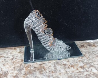 Spun Glass High Heel Shoe Figurine with mirror background, clear stiletto heel with a mirror background, Boho, Shabby Chic