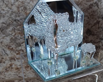Spun Glass Baby Grand Piano Figurine with seat, clear glass piano with a mirror background, Boho, Shabby Chic, Classic, Gift for Her