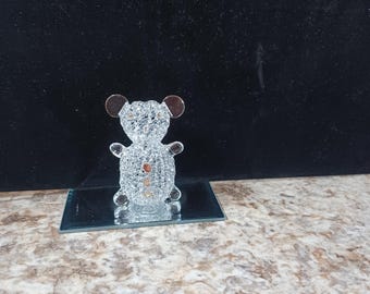 Spun Glass Bear Figurine with gold accents, clear blown glass bear with a mirror background, Boho, Shabby Chic, Classic, Gift for Her