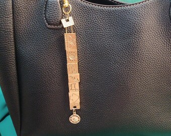 Southwestern Symbols Purse Charm, Gold Tone Storytelling Purse Charm, Gold Bag Accessory, Boho accessory, gift for her